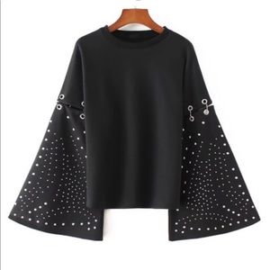 Black oversized bell sleeve top , stud details